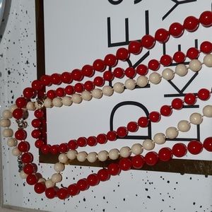 Set of 3, Vintage Beaded Necklace, Colors 2 Red, 1 Off White,